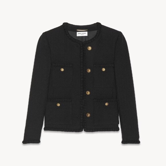 Saint Laurent YSL Tweed Blazer Jacket Black Diamond Embossed Patch Pocket 34 - Picture 1 of 11